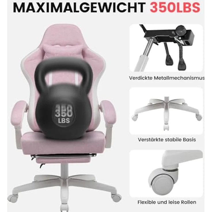 GTPLAYER Gaming Stuhl Stoff, Gaming Sessel mit Taschenfederkissen, ergonomischer Drehstuhl, Gamer Stuhl mit Fußstütze150 kg Belastbarkeit, pink-weiß – Bild 9