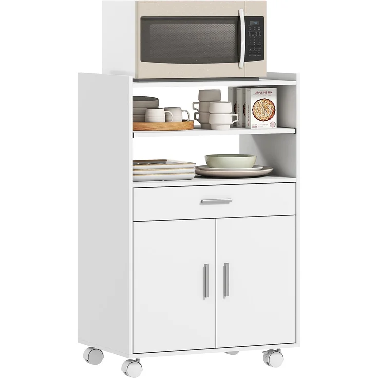 Mobile Mikrowelle aus Holz mit Schublade, Schrank mit 2 Türen und 2 Einlegeböden, 59 x 40 x 92 cm, Weiß – Bild 1