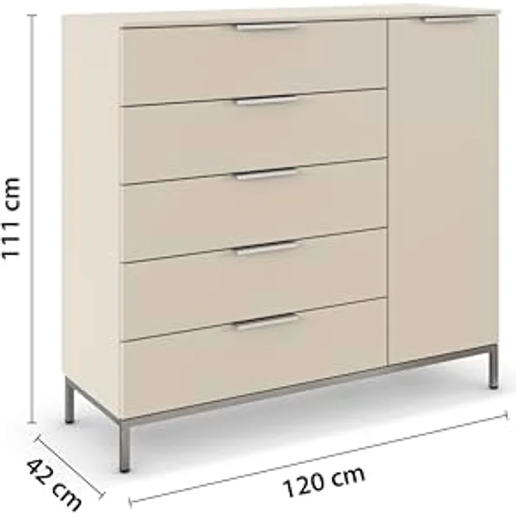Rauch Möbel Flipp, Nachttisch für Schlafzimmer, Kinderzimmer, Wohnzimmer, Flur, Garderobe, 1-türig, 5 Schubladen, mit Softclose-Funktion, Griffe und Metallkufe Chrom, Farbe Beige, Breite 120 cm – Bild 4