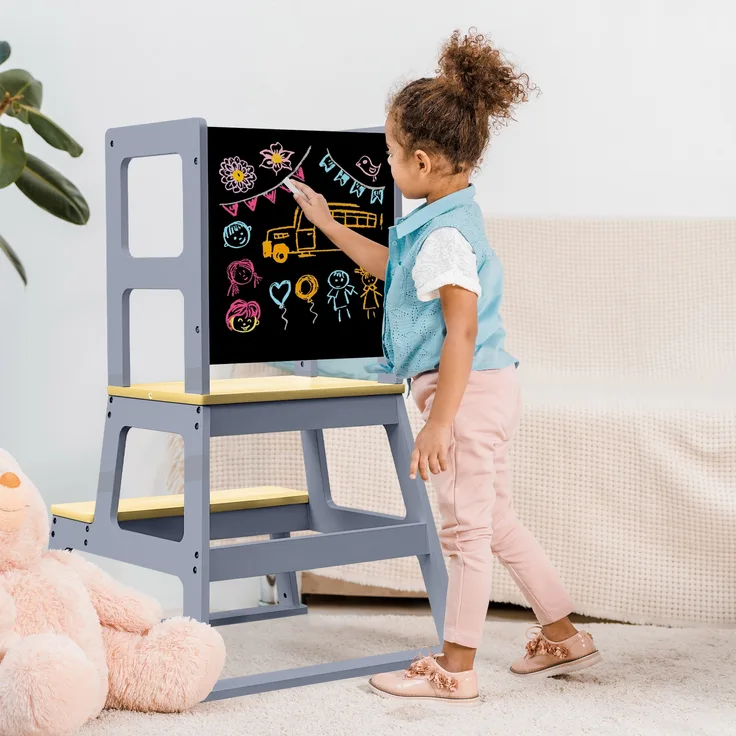 Baby Vivo Lernturm aus Holz - Mit Tafel in Grau