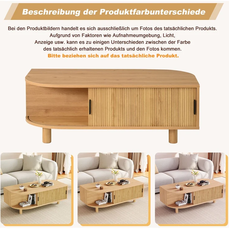 Couchtisch B 100 x T 50 x H 35 cm mit 2 Rolltüren und Stauraum, MDF und Spanplatte – Bild 5
