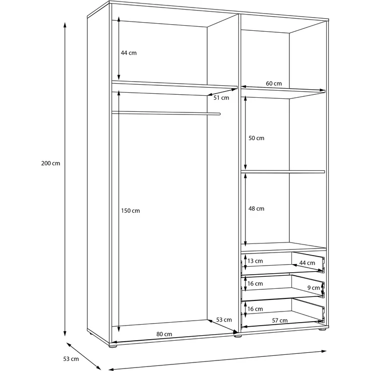 Forte MOKKARIS Kleiderschrank 140 150, 3-türig, 2 Schubladen, Einglegeböden, Kleiderstange, Holzwerkstoff, Sonoma Eiche Holzdekor / Salbei, 144,4 cm breit x 200,1 cm hoch x 52,7 cm tief – Bild 7