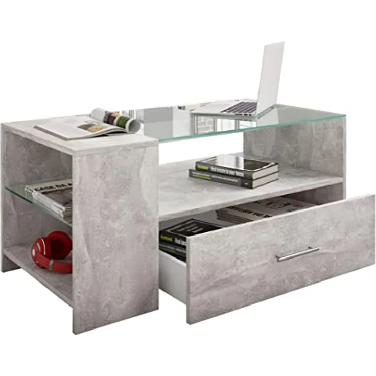 MID.YOU Couchtisch Grau, Glas, Holzwerkstoff, 1 Schublade, 100x45x50 cm, offenes Fach mit Stauraum