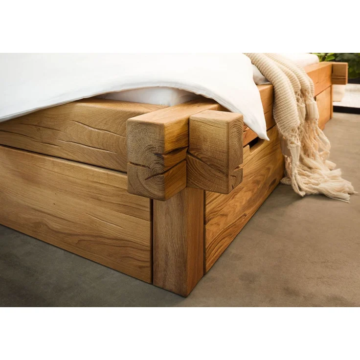 Balkenbett mit Bettkasten Wildeiche 180x200x85 natur geölt JANGALI #620 – Bild 7