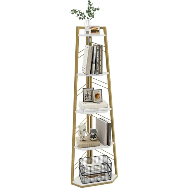 YITAHOME 5-Stöckiges Eck-Bücherregal - Industrielles Freistehendes Leiter-Regal, Modernes Offenes Holzregal für Wohnzimmer, Diele, Home Office, Golden – Bild 6