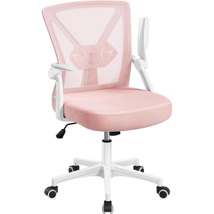 Yaheetech Bürostuhl Schreibtischstuhl mit hochklappbare Armlehnen, Drehstuhl aus Mesh, Office Chair Ergonomic, erstellbaren Lendenwirbelstütze, Wippfunktion, höhenverstellbar (Rosa)
