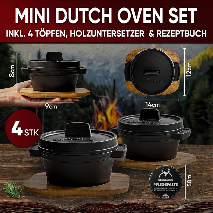 GUSSKÖNIG Dutch Oven Set Mini Topf mit Deckel 4Stk je 300 ml Pflegepaste – Bild 2