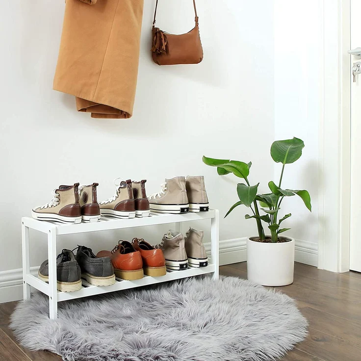 2-stöckiges Schuhregal aus natürlichem Bambus, Regal für Schuhe, Pflanzen, Bücher, für Wohnzimmer, Flur, Schlafzimmer, B – Bild 2