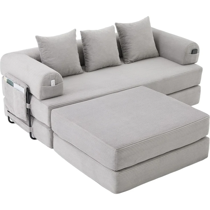 Modulares Cordsofa mit Hocker, Metallgestell & Seitentasche, 200x190x67 cm, Hellgrau – Bild 8