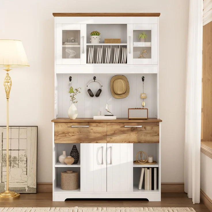 Großer Küchenbuffet Schrank mit Stauraum, Küchenschrank mit Vitrinenfächern, 2 Schubladen, Türen und Hakenleiste – Moderner Buffetschrank für Küche, Esszimmer & Flur, 106 × 39 × 176,5 cm--Natur, Weiß--106x39x176.5cm--YOUDENOVA – Bild 7