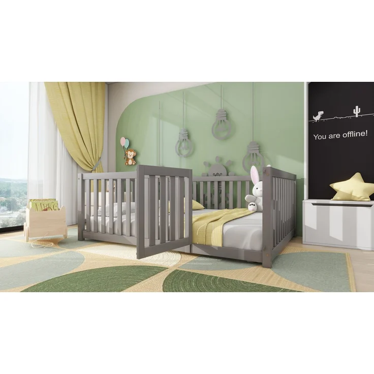 Kinderbett 140 x 200, Holzboden Bettrahmen mit Zaun und Tür, Grau (Alte SKUs:WF321564AAG) – Bild 4
