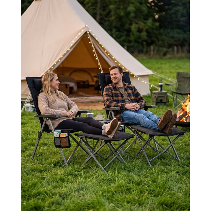 HOMECALL Campingstuhl mit fußstütze camping liegestuhl klappstuhl gepolstert karpfenstuhl (bis 150 KG mit Seitentasche Getränkhalter), Angelstuhl für Camp Garten Balkon – Bild 3