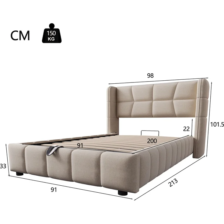 EINHOM Polsterbett 90 x 200 cm, Kinderbett mit Lattenrost, Kopfteil und Pneumatischem Stauraumsystem, Leinenrahmen, Geeignet für Kinder und Jugendliche, Beige, (Ohne Matratze) – Bild 2