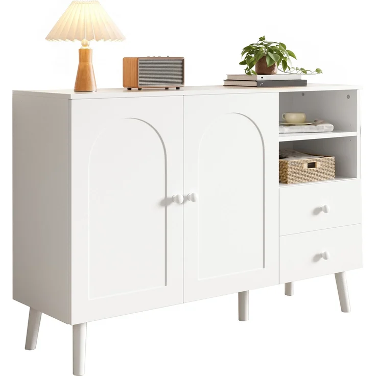Merax Sideboard, gewölbte Türen, Holzgriffe, Holzfüße, mit 2 Türen, 2 Schubladen und 2offenem Fach, Mehrfachaufbewahrung, Weiß – Bild 10