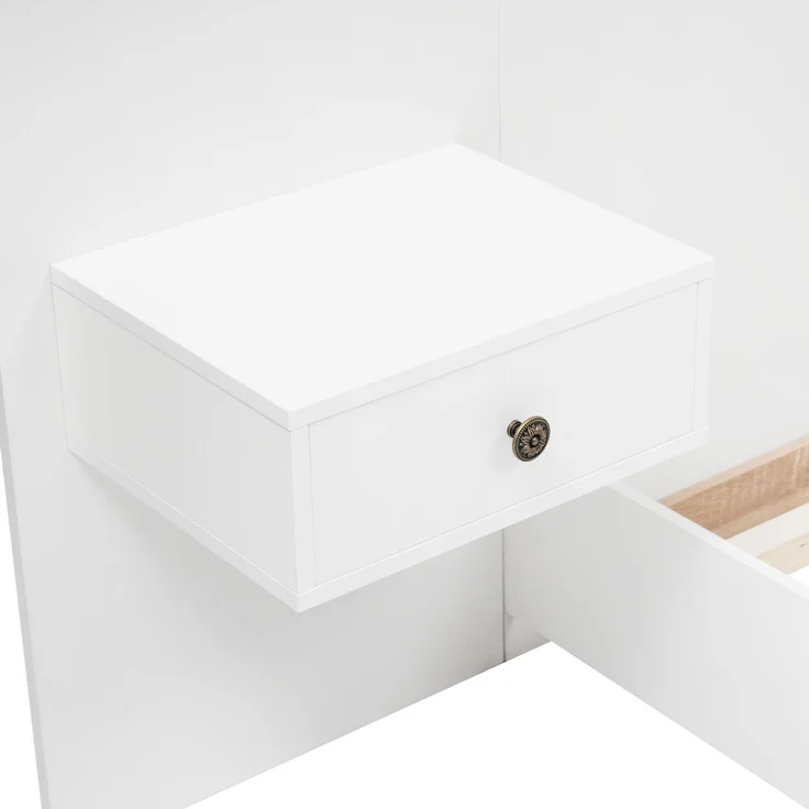 Doppelbett 140x200 cm in Eiche Weiß mit 2 LED Nachttischen, USB Stecker, Schwebebett, inkl. Lattenrost und Schubladen – Bild 8