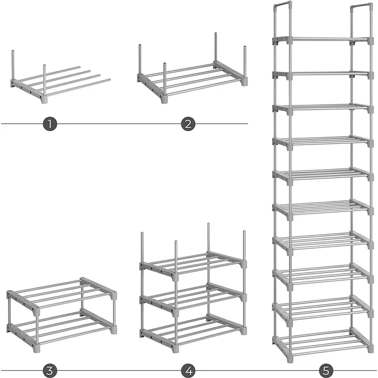 SONGMICS Schuhregal mit 10 Ebenen, offener Schuhschrank hoch, Schuhständer schmal, Schuhaufbewahrung, aus Metall, platzsparend, für Ankleidezimmer, Flur, 30 x 45 x 174 cm, grau – Bild 4