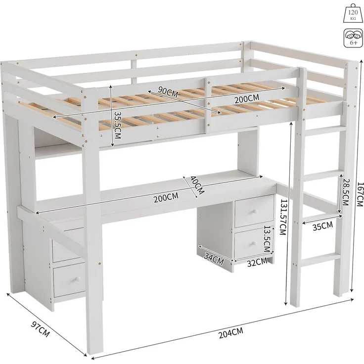 Hochbett 90x200 cm mit Schreibtisch und Stauraum,Kinderbett aus massivem Kiefernholz,Multifunktionsbett mit 4 Schubladen und 4 Regalfächern,Weiß – Bild 7
