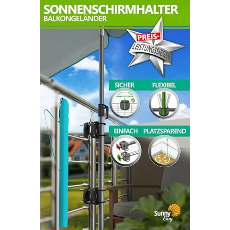 4smile Sonnenschirm Balkon SunnyJoy im 4er-Set - UPF 50+ Balkon Schirm + 2 x Sonnenschirmhalter Balkongeländer SunnyEasy + Sonnenschirmhülle - Sonnenschirm Strand 180 cm in Türkis – Bild 2