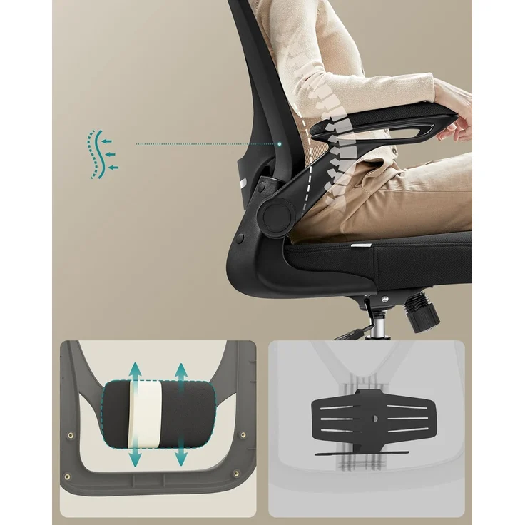 SONGMICS Bürostuhl ergonomisch, Schreibtischstuhl, Drehstuhl mit Mesh, gepolsterte Lendenstütze, Wippfunktion, 53 cm große Sitzfläche, klappbare Armlehnen, Kopfstütze, tintenschwarz OBN047B01 – Bild 4