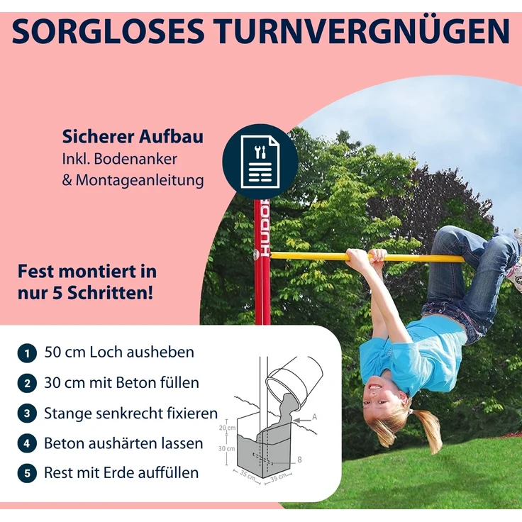 Hudora 64000 'Turn-Reck Fabian', ab 6 Jahren, bis 100 kg belastbar, rot/blau – Bild 7