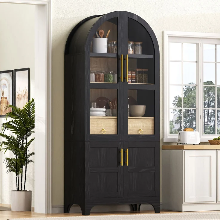 EINHOM Highboard mit verstellbaren Regalböden und Schublade, Küchenschrank mit Riffelglas und großem Stauraum, Ideal für Esszimmer, Wohnzimmer und Küche (Schwarz) – Bild 4