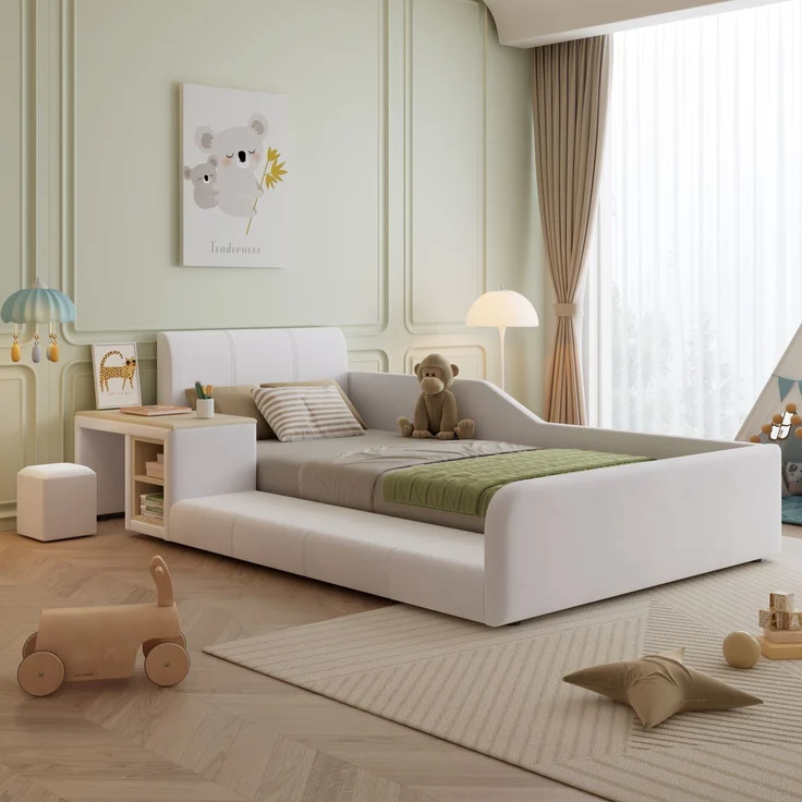 Polsterbett, Einzelbett mit Kinderschreibtisch und Hocker, Mit Ablageboden, Weiches Kopfteil, Kinderbett mit Holzlatten, Samt, Weiß, 90x200 cm – Bild 6
