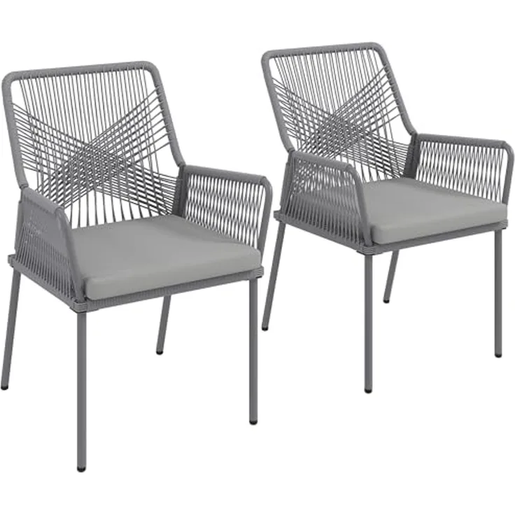 Outsunny Rattanstuhl 2er Set, mit Armlehne, Rückenlehne, abnehmbar Sitzkissen (Gartenstuhl aus Rattan, 2 St), Rattanstuhl für Garten, Balkon, Terrasse, Dunkelgrau