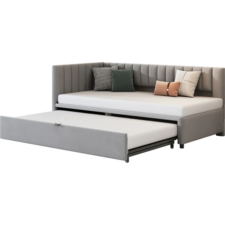 Merax Multifunktionales L-förmiges Schlafsofa mit Ausziehbett 90/180*200cm, Polsterbett in Samtstoff, platzsparendes Design für Kinderbett, Gästebett, hellgrau – Bild 10