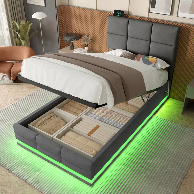 TavilaEcon Boxspringbett Modernes Polsterbett mit höhenverstellbarem Kopfteil & LED-Beleuchtung grau Liegefläche 90 × 200 cm – Bild 1