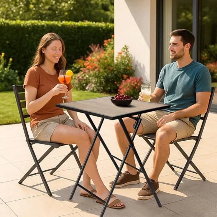 BRUBAKER Gartentisch Bergamo - 58 x 58 cm Balkontisch mit Holz Optik - Wetterfest (1-St, Klapptisch für Balkon, Terrasse - Bistrotisch), Metall Beistelltisch klappbar - Campingtisch eckig – Bild 3