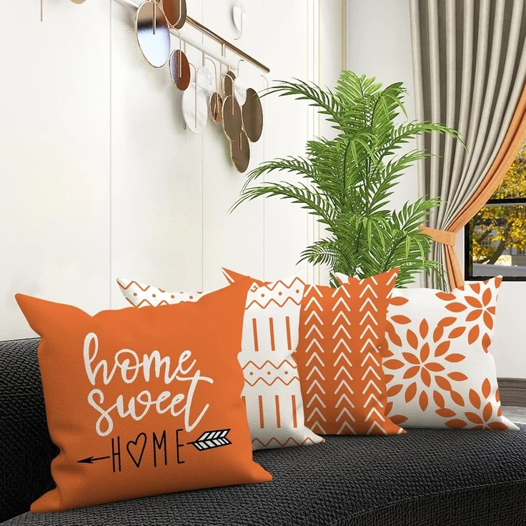 Herbst Kissenbezüge 45 × 45 cm 4er-Set Orange, Outdoor Leinen Dekokissen, Fall Sofa Deko – Bild 3