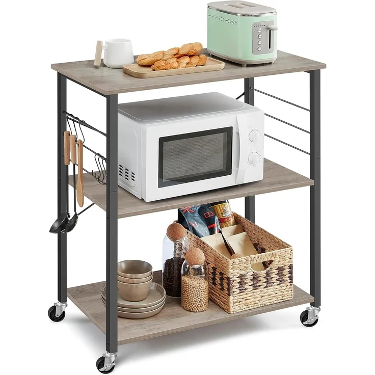 VASAGLE Küchenregal auf Rollen, Servierwagen, 3 Ebenen, Küchenwagen, für Mini-Backofen, Mikrowellen, Metallrahmen, 6 Haken, 40 x 80 x 89 cm, Greige meliert-tintenschwarz KKS067K02