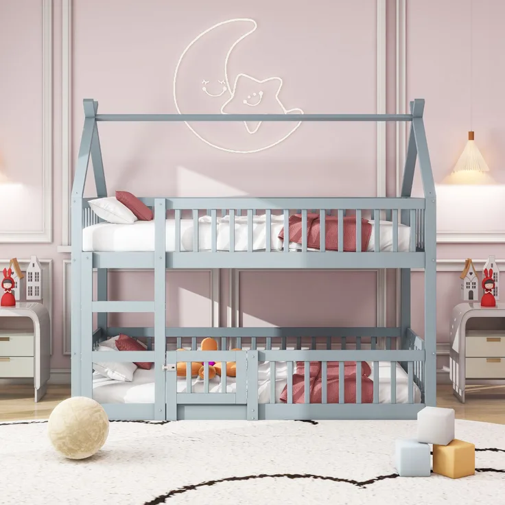Hochbett Mit Spielebene Grau 90x200 Holz Metall Sicherheitsgeländer Treppe 120kg Tragkraft Kinderzimmer Spielbett Schlafbereich Multifunktional