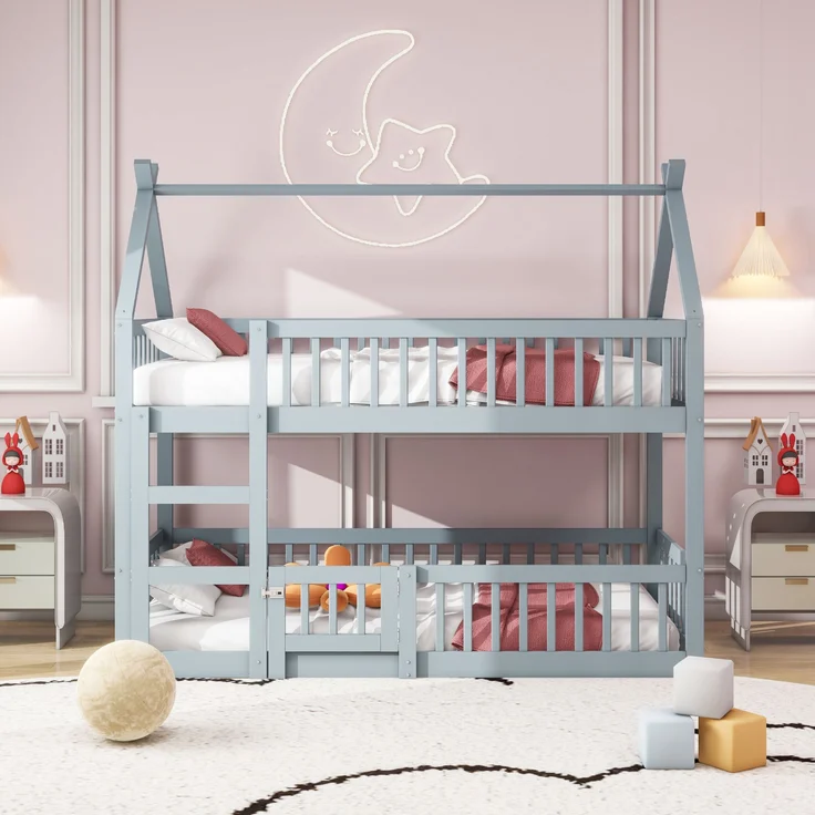 Hochbett Mit Spielebene Grau 90x200 Holz Metall Sicherheitsgeländer Treppe 120kg Tragkraft Kinderzimmer Spielbett Schlafbereich Multifunktional – Bild 1