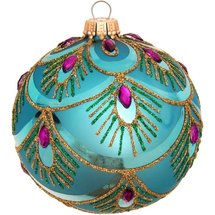 Krebs Glas Lauscha Weihnachtsbaumkugel 6er Set Glasanhänger - Türkise Kugeln mit Pfauenmusterung - ca. 8 cm, Majestätischer Christbaumschmuck mit goldener Glitzerverzierung – Bild 2