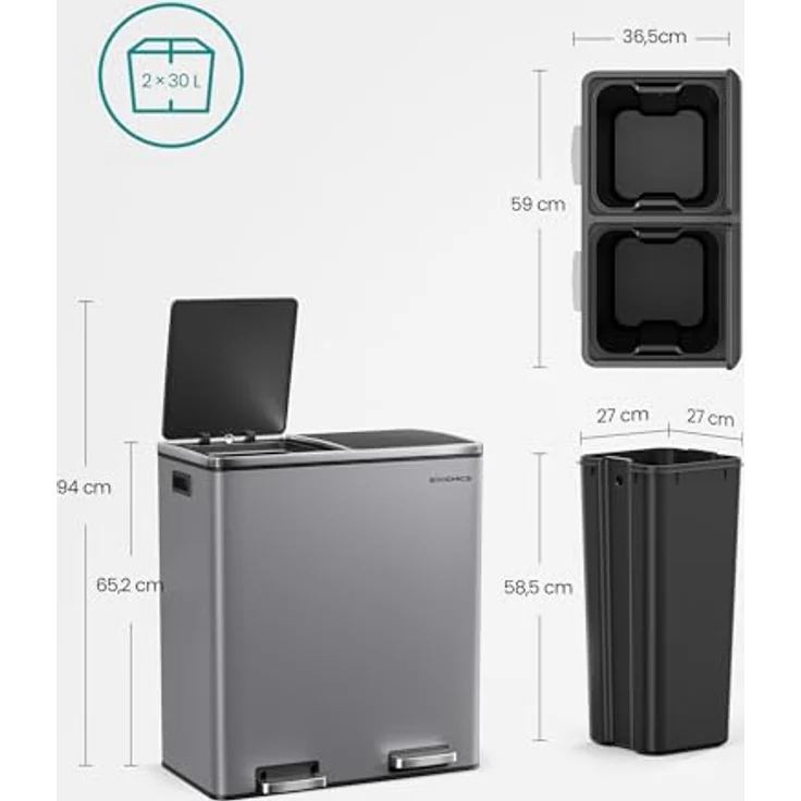 SONGMICS Mülleimer, 2 x 30 Liter, 2 Fächer, Mülltrennsystem, Treteimer, Abfalleimer Küche, 15 Müllsäcke, Metall, Inneneimer aus Kunststoff, Klappdeckel, Softclose, luftdicht, schiefergrau – Bild 5