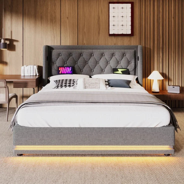 EINHOM Polsterbett Doppelbett 180 x 200 cm, Grau Baumwolle-Material Hydraulisches Stauraumbett, Gepolstertes Kopfteil mit USB Typ-C Ladefunktion, 3-Seitige LED-Funktion, (Ohne Matratze) – Bild 6