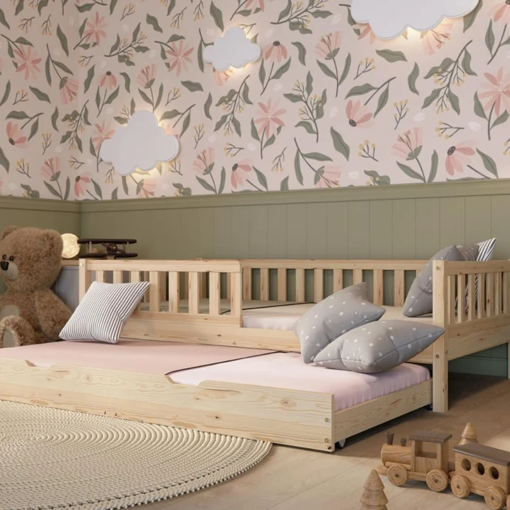 Crazy Pine 'Crazy Basic' Kinderbett mit Rausfallschutz, Skandinavisches Design, Holz, Natur, 80x160 cm, mit Ausziehbett