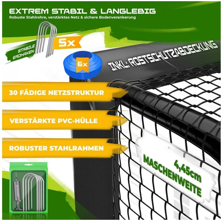 KESSER® Fußballtor mit Polsterung, Erdhaken, Luftpumpe & Hüttchen, Stahlrahmen schwarz, 240x160 cm – Bild 2