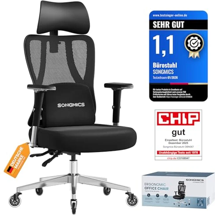 SONGMICS Bürostuhl ergonomisch, Schreibtischstuhl, Gaming-Stuhl, verstellbare Lenden-, Kopfstütze, Armlehnen, für Verschiedene Körpergröße, bis zu 150 kg belastbar, tintenschwarz OBN067BH01 – Bild 2