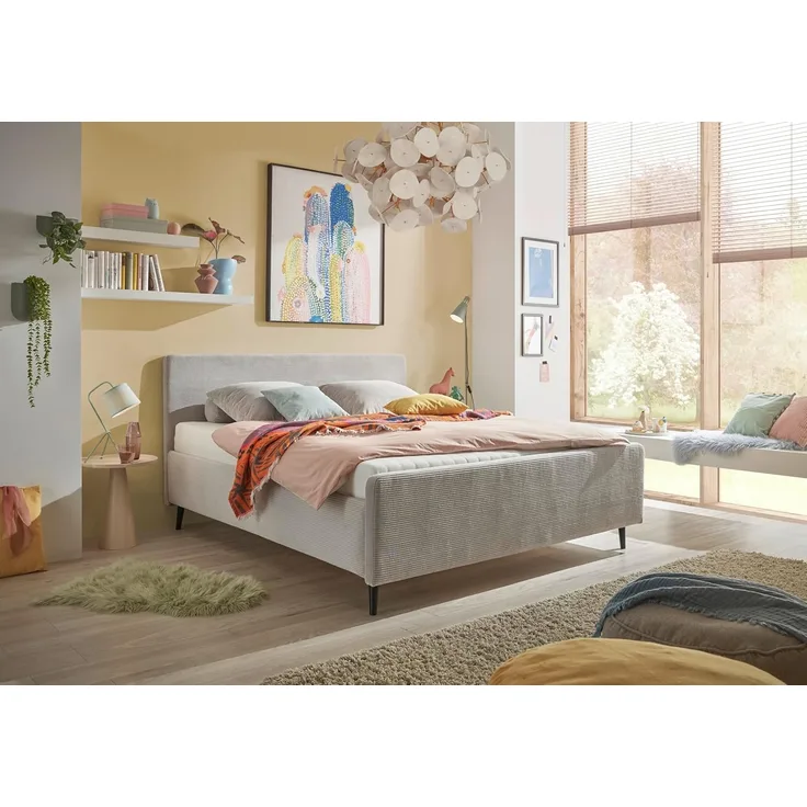 Stella Trading Peach Polsterbett Bettgestell 180x200, Silber - Modernes Doppelbett in Cord-Optik mit Holzfüßen - 192 x 111 x 215 cm (B/H/T)