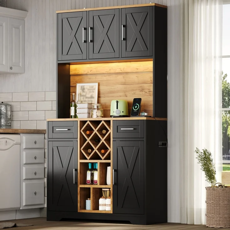 Küchenschrank, hoher Stauraumschrank mit LED-Beleuchtung, Vorratsschrank mit Weinregalen, Weinschrank & Vitrinenschrank für Wohnzimmer und Esszimmer, 180 × 105 × 40 cm--Natur2 + Schwarz--105x40x180cm--YOUDENOVA – Bild 8
