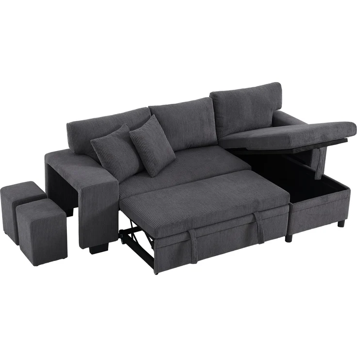ZUBALIYA Klappsofa mit Schlaffunktion, L-förmiges umbaubares Ecksofa mit USB-Ladeanschluss und Kissen, 3-Sitzer-Umbausofa mit Seitenablagen und Stauraum, H 84 × T 231 × B 131.5 cm, Grau, Corduroy – Bild 16