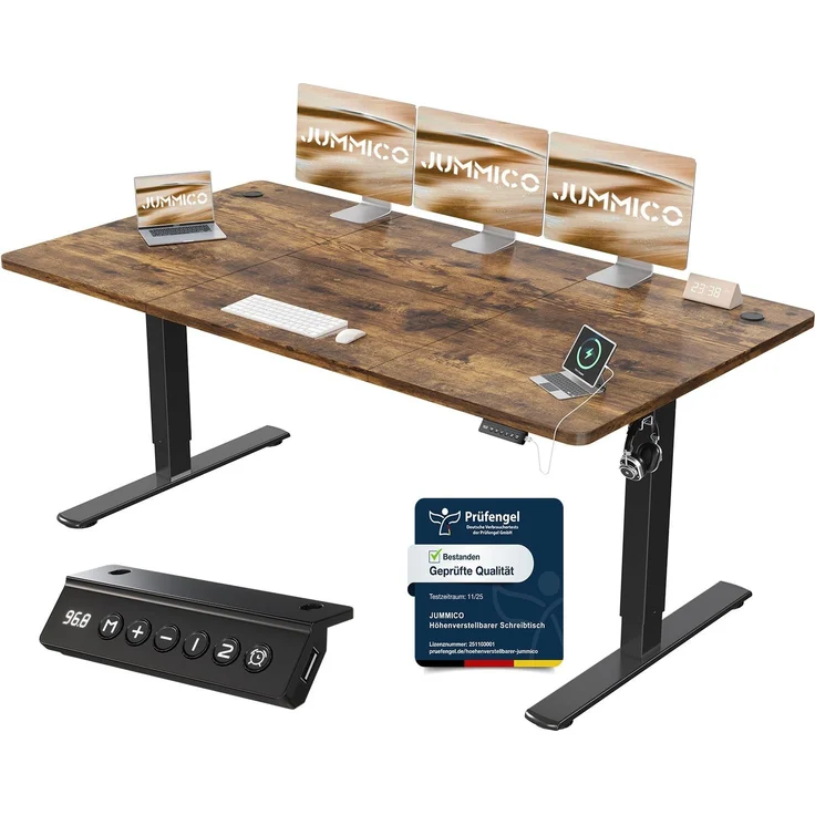 JUMMICO Schreibtisch elektrisch höhenverstellbar mit USB-Ladeanschluss, Braun, 180x80 cm