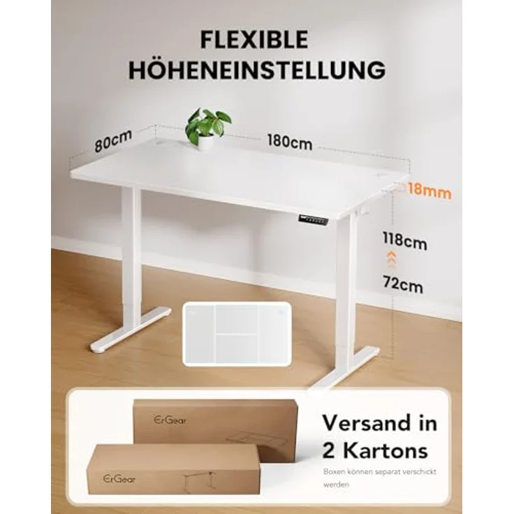 ErGear Höhenverstellbarer Schreibtisch-180x80 cm,100 KG Tragkraft Elektrischer Schreibtisch mit Fortgeschrittenem Bürstenlosem Motor, Leise Funktion, Robuster Metallrahmen, Vierteilige Tischplatte – Bild 3