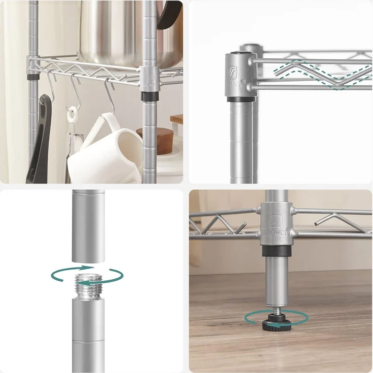 Songmics Küchenregal mit 6 Ebenen, Metallregal, Standregal, höhenverstellbare Gitterablage, mit PP-Kunststoffplatten, 8 S-Haken, für Küche, Wohnzimmer, bis zu 120 kg belastbar, silbern LGR116E01 – Bild 6