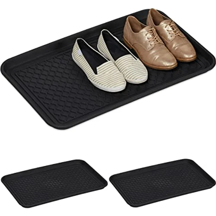 Relaxdays Schuhabtropfschale XL, 3er Set, große Unterlage für nasse Schuhe, 60 x 40 cm, Kunststoff, schwarz