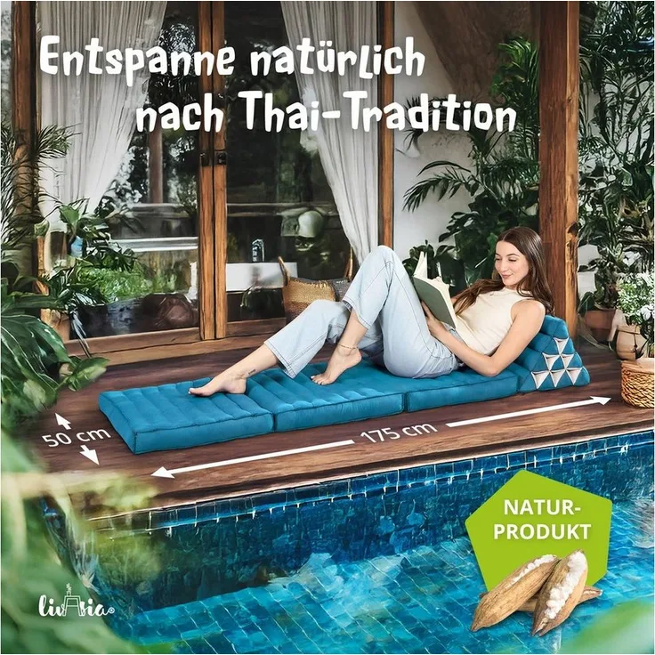 livasia Sitzsack Thaikissen 3 Auflagen (Basic) vegan und handgefertigt, 175 x 50 x 8 cm, Kapok