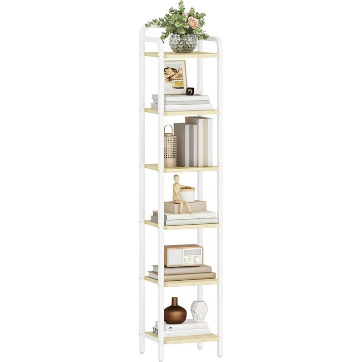 Regal, Bücherregal, Standregal, Schmales Regal mit 6 Ebenen, Schmales Büroregal, Eckregal für Büro, Wohnzimmer, Schlafzimmer, Küche, 30 x 33 x 166 cm, Weißeiche und Weiß – Bild 2