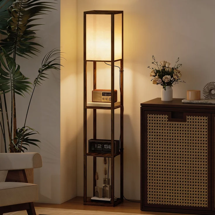 JARDJ Stehlampe mit Ablagen, dimmbarem Licht, Fußschalter und USB-Anschlüssen, Braun – Bild 4